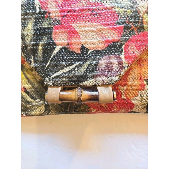 Sondra Roberts Squared Raffia Purse NEW Multicolor Floral Bamboo Clasp -oc- - Picture 2 of 16